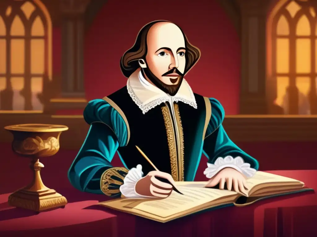 Un retrato digital de alta resolución de William Shakespeare sosteniendo una pluma, inmerso en un teatro renacentista