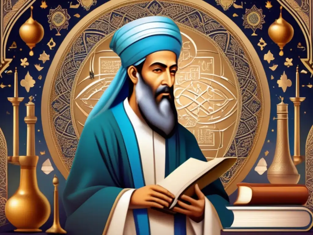 Un retrato digital de Avicenna, polímata persa, rodeado de símbolos que representan sus contribuciones a la medicina, la filosofía y la ciencia