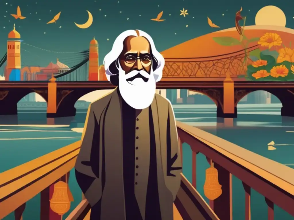 Un retrato digital de alta resolución de Rabindranath Tagore, pensador político e influencia cultural, reflexionando en un puente que simboliza su papel como puente entre culturas