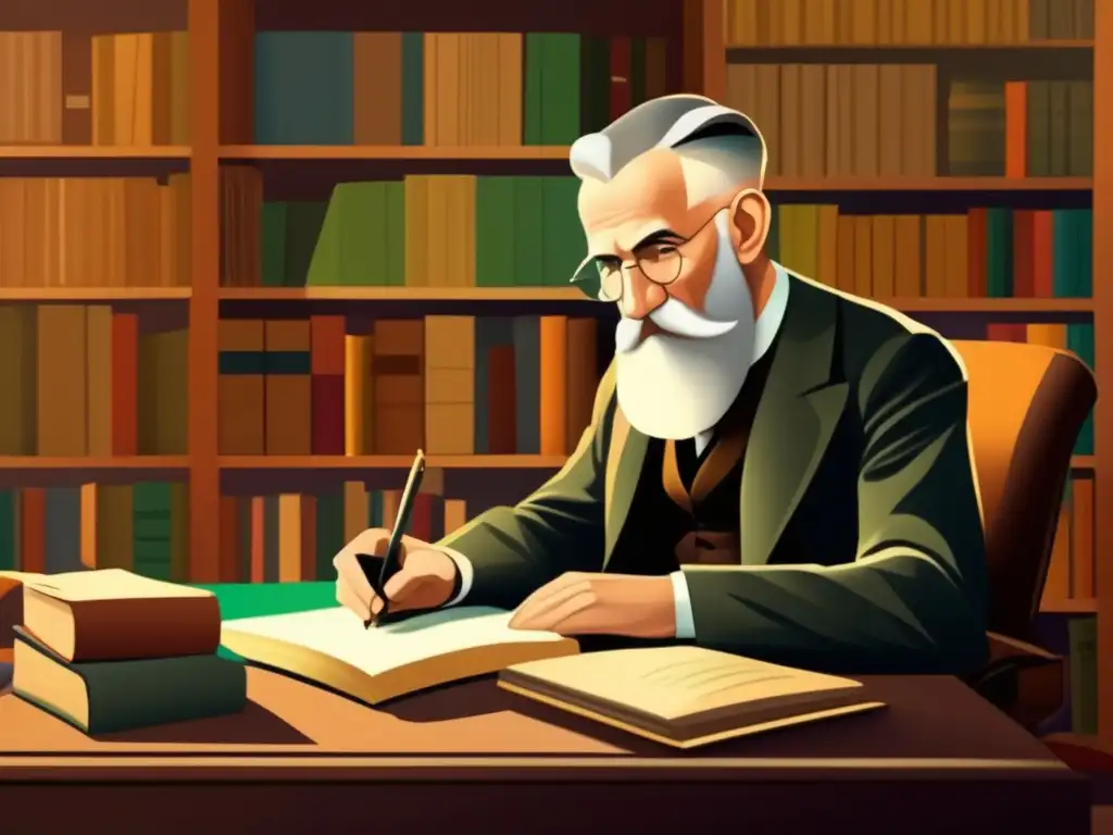 Un retrato digital de alta resolución muestra a George Bernard Shaw en su escritorio, rodeado de libros y papeles