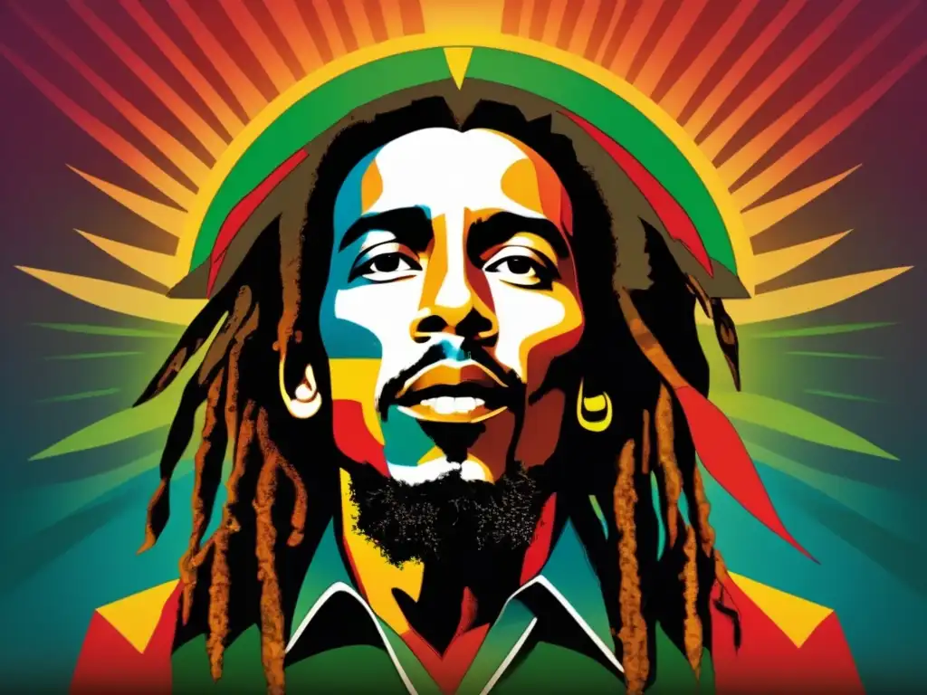 Un retrato digital de alta resolución que captura la importancia de Bob Marley en la emancipación a través de una representación moderna y colorida