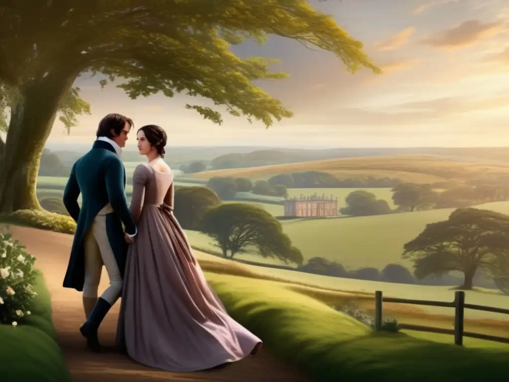 Un retrato digital de alta resolución que captura la ironía y el ingenio de Jane Austen, con personajes detallados y un paisaje inglés exuberante