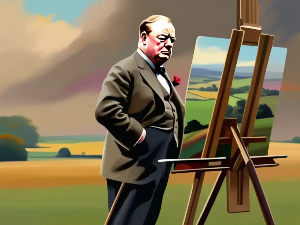 Un retrato digital de alta resolución de un joven Winston Churchill pintando apasionadamente un paisaje