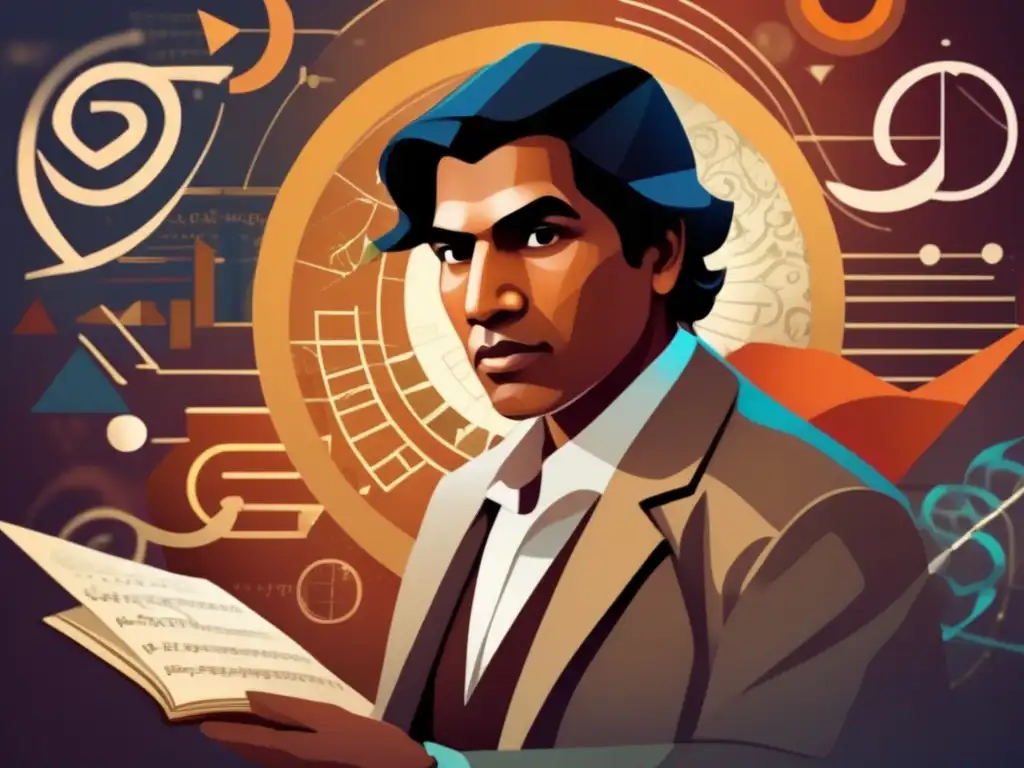 Un retrato digital de alta resolución del joven Srinivasa Ramanujan inmerso en cálculos matemáticos, rodeado de ecuaciones y formas geométricas