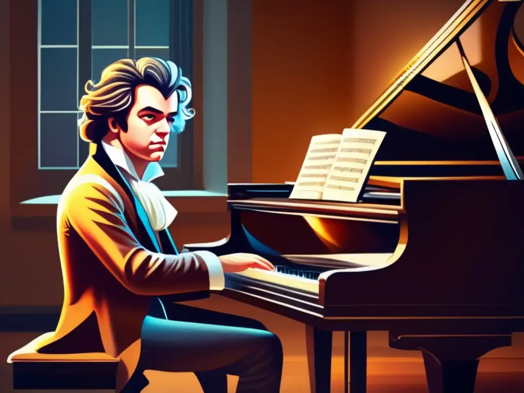 Un retrato digital de alta resolución que muestra a un joven Ludwig van Beethoven tocando apasionadamente el piano en una habitación con luz cálida