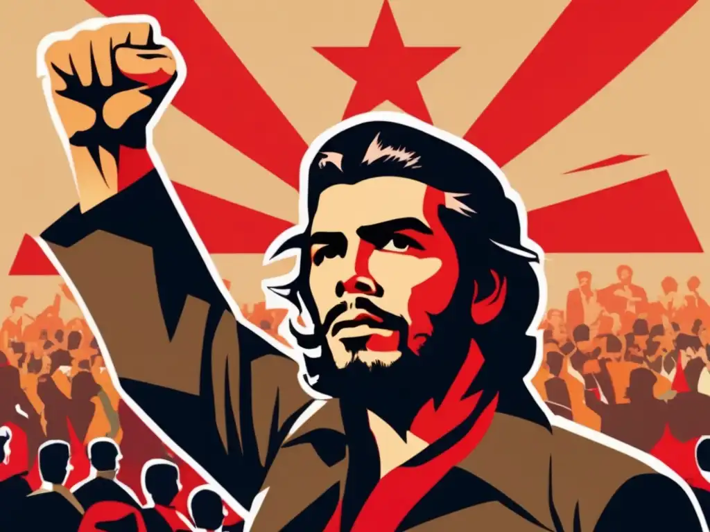 Un retrato digital de alta resolución que muestra a Che Guevara en medio de una multitud, levantando el puño en un gesto revolucionario durante la Crisis de los Misiles en Cuba