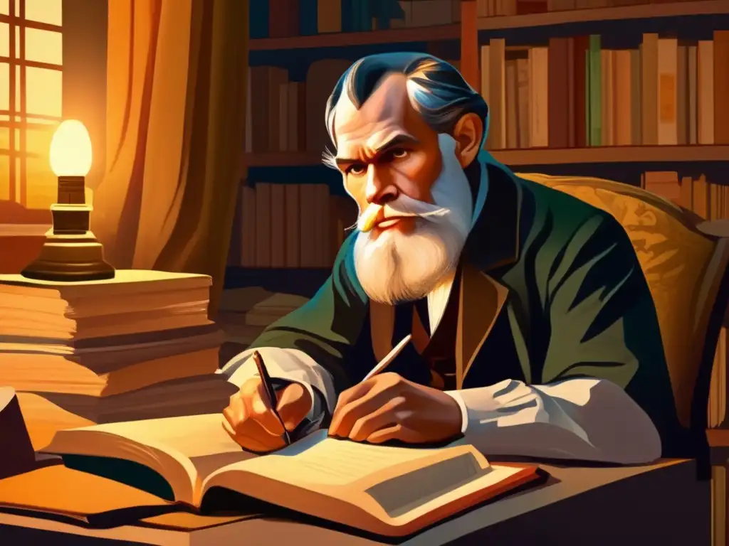Retrato digital de alta resolución de Leo Tolstoy en su escritorio, inmerso en pensamientos profundos