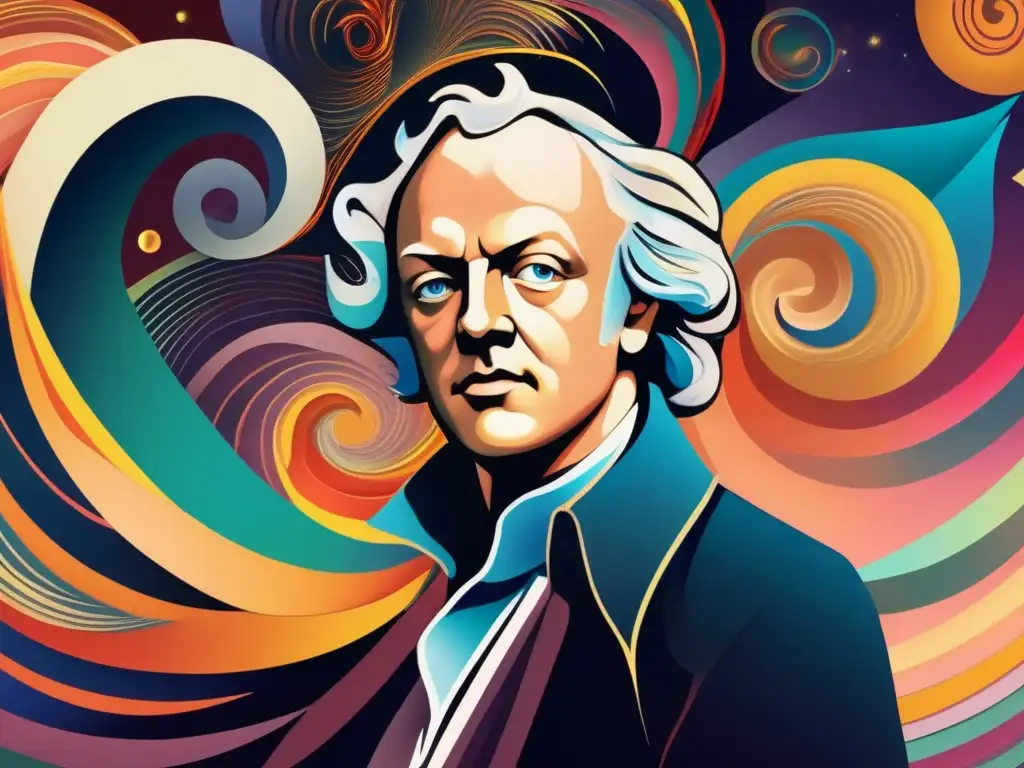Un retrato digital de William Blake rodeado de colores vibrantes y simbolismo