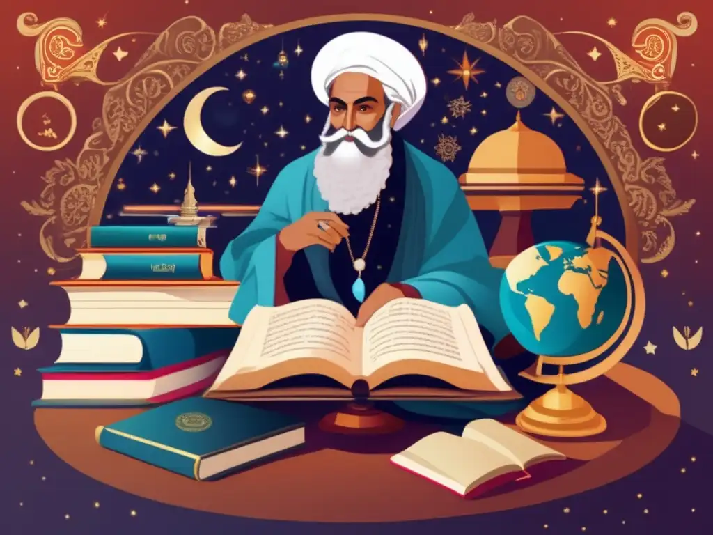 - Arte digital de Omar Khayyam: poeta, matemático y astrónomo Un retrato digital de Omar Khayyam rodeado de libros y pergaminos, con un globo celestial y un astrolabio al fondo