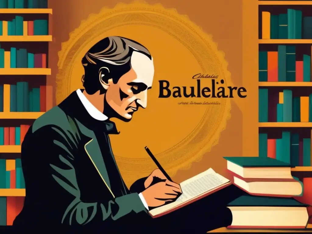 Un retrato digital de Charles Baudelaire, rodeado de libros y materiales de escritura