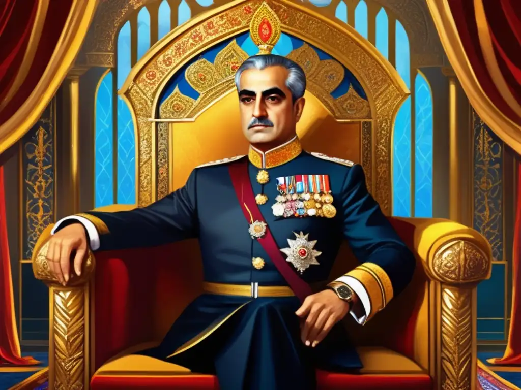 Un retrato digital de Reza Shah Pahlavi en regia vestimenta, en un trono ornado