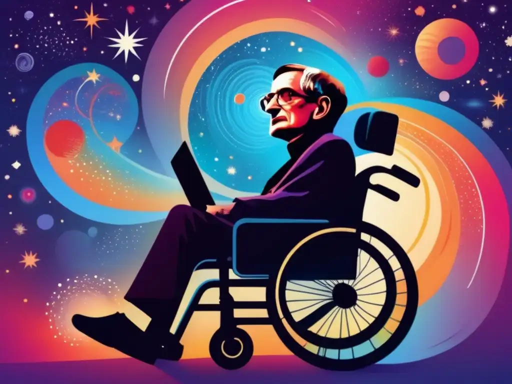 Un retrato digital de Stephen Hawking en su silla de ruedas, rodeado de galaxias y fenómenos cósmicos
