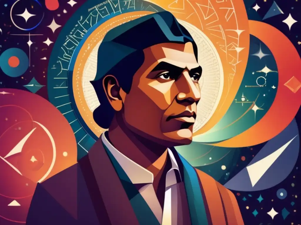 Un retrato digital de alta resolución de Srinivasa Ramanujan inmerso en profundos pensamientos matemáticos, rodeado de ecuaciones y patrones geométricos