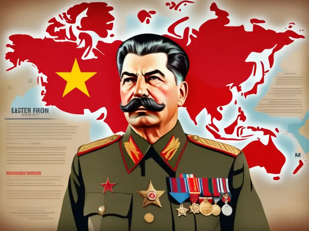 ''Retrato digital de Joseph Stalin con uniforme militar, frente a un mapa de la Unión Soviética en la Segunda Guerra Mundial, transmitiendo determinación y liderazgo