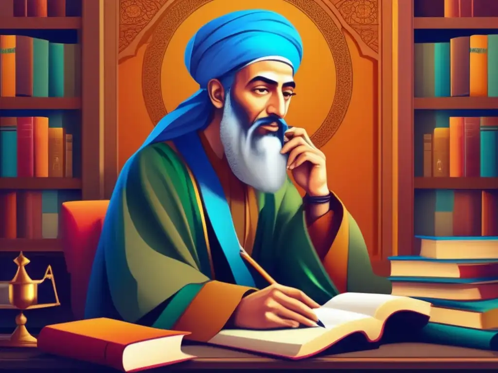 Un retrato digital de alta resolución de Avicena, también conocido como Ibn Sina, en su escritorio rodeado de libros e instrumentos científicos