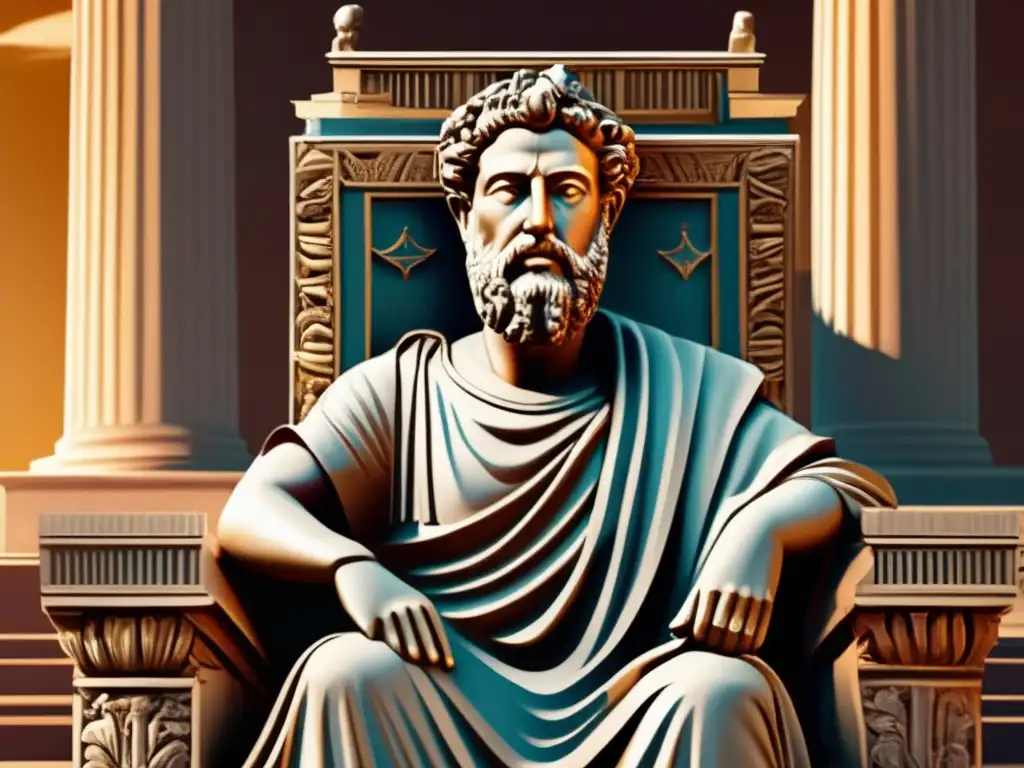 En el retrato digital de alta resolución, Marco Aurelio se sienta en un trono, sumido en contemplación, rodeado de arquitectura romana antigua