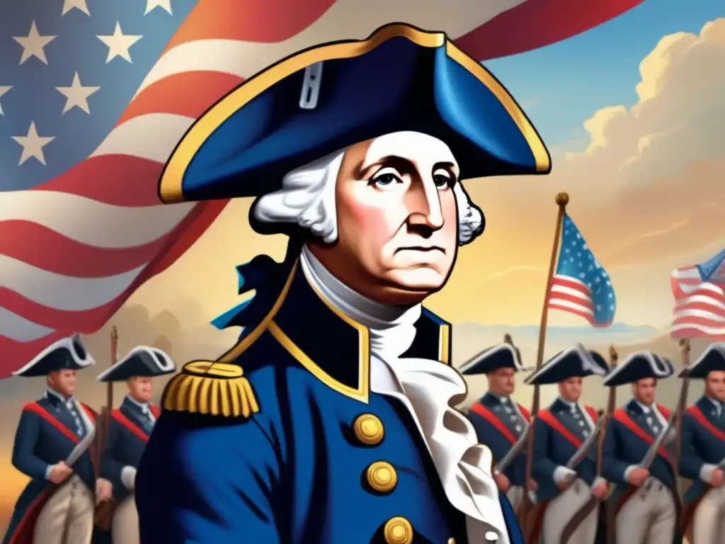 Un retrato digital ultradetallado de George Washington, líder de la Revolución Americana, en su icónico uniforme azul
