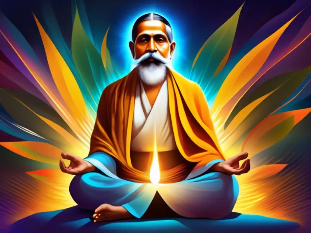 Meditación trascendental: Sri Aurobindo irradiando sabiduría espiritual Un retrato digital ultradetallado del revolucionario espiritual Sri Aurobindo en meditación, rodeado por una vibrante aura de energía y luz