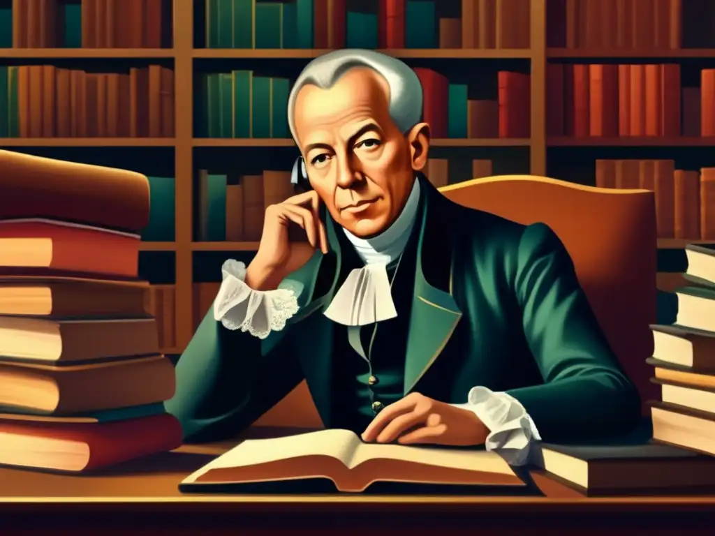 Un retrato digital de alta resolución y ultradetallado de Immanuel Kant sentado en su escritorio, rodeado de pilas de libros y papeles