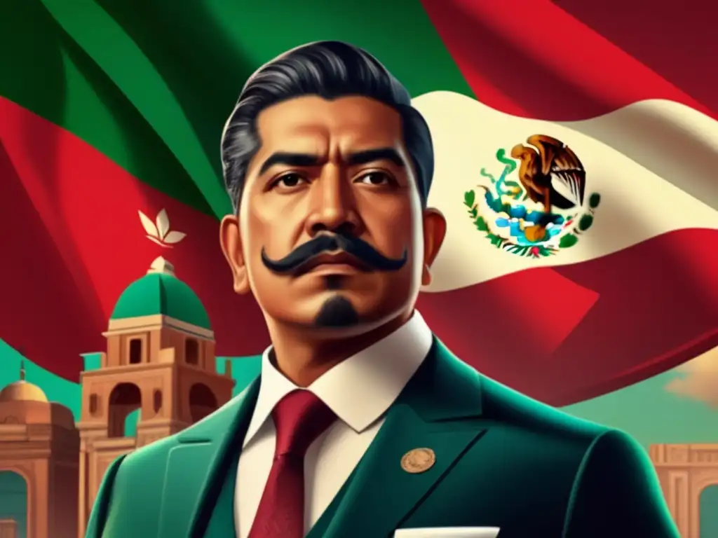 Un retrato digital ultradetallado en 8k de Venustiano Carranza frente a la bandera mexicana, con una ciudad bulliciosa de fondo