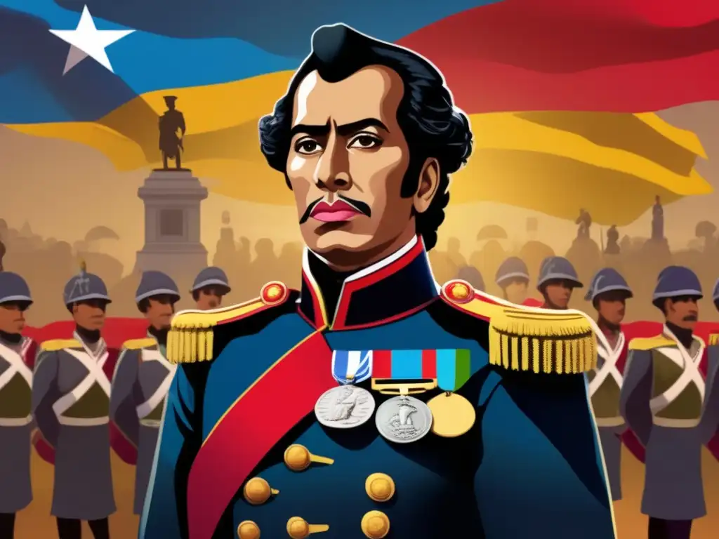 Un retrato digital de alta resolución de Simón Bolívar, con un uniforme militar, rodeado de soldados y civiles en un escenario de revolución