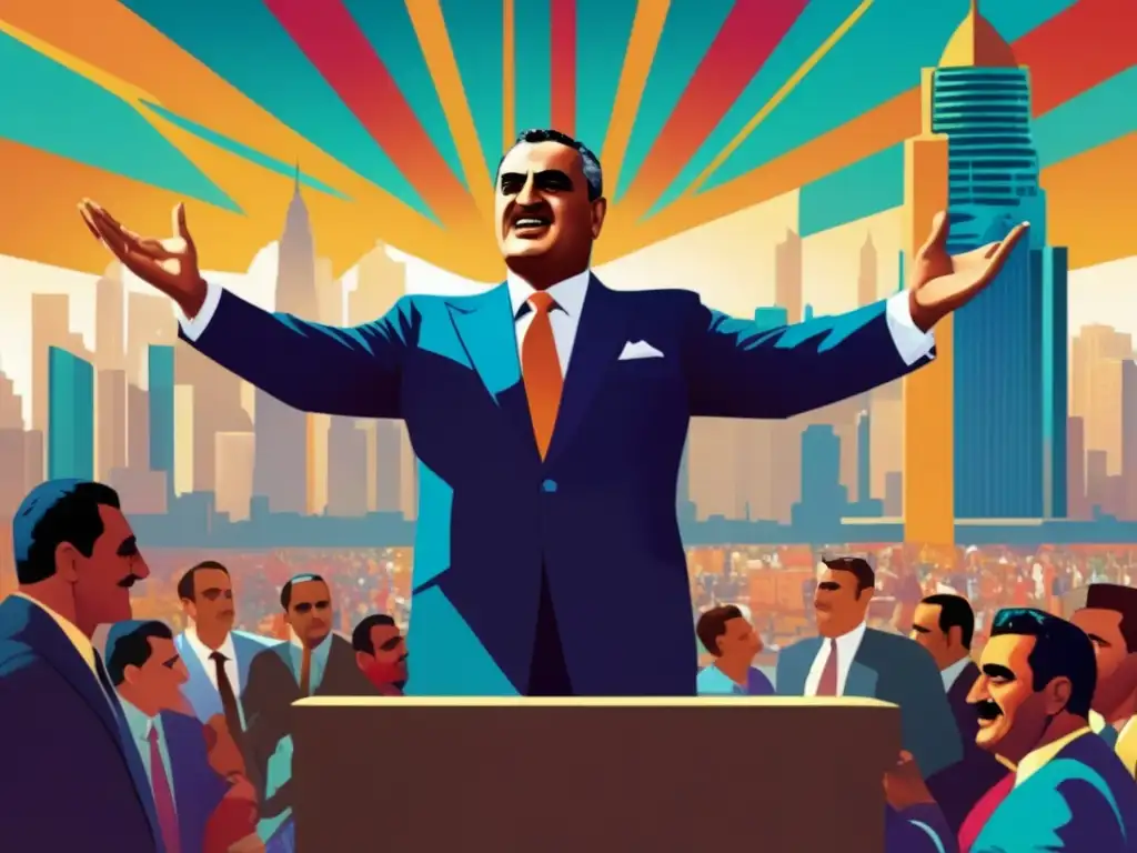 Un retrato digital vibrante de Gamal Abdel Nasser liderando con carisma y determinación, en un escenario urbano moderno