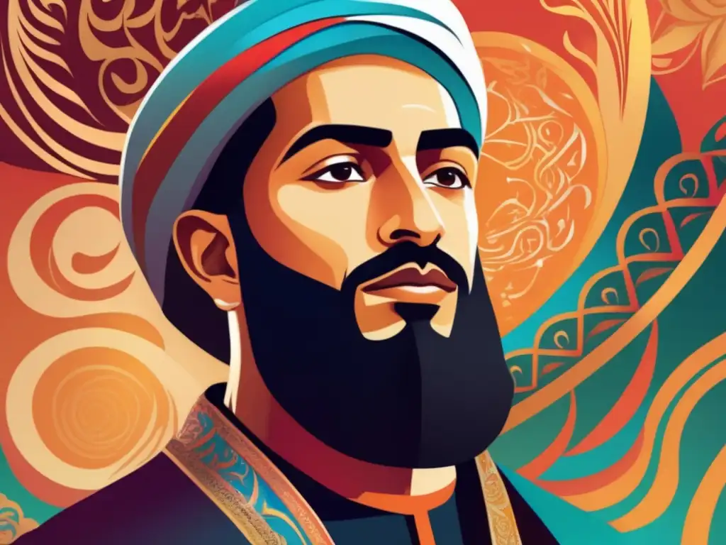 Un retrato digital vibrante de Mansur AlHallaj, rodeado de patrones y caligrafía que simbolizan su despertar espiritual y el impacto revolucionario de su martirio en la historia islámica