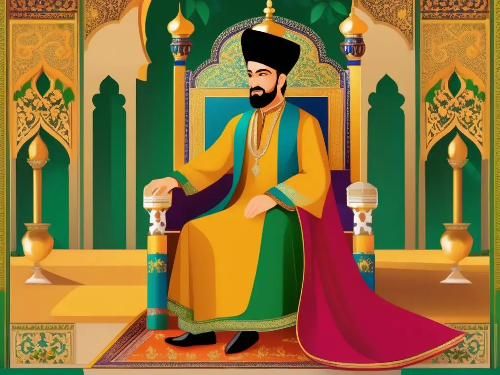 Un retrato digital vibrante y moderno de Shah Abbas I en un trono lujoso, rodeado de opulenta arquitectura persa y exuberantes jardines