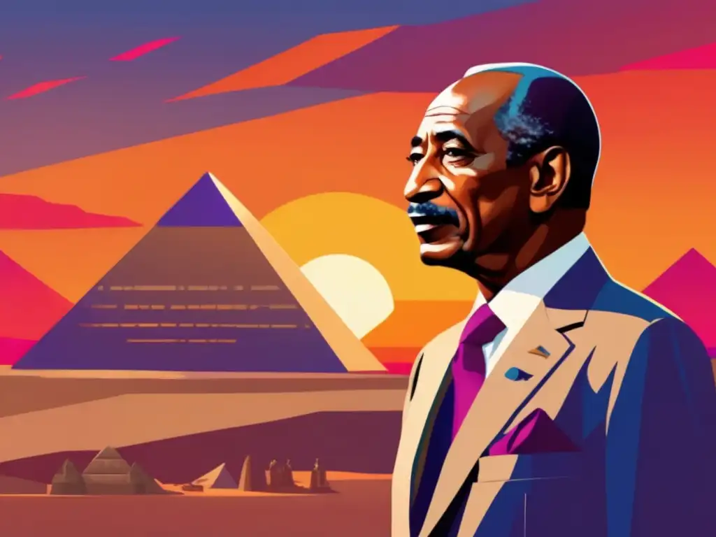 Un retrato digital vibrante y moderno de Anwar el Sadat, con los colores ricos y contrastes llamativos de las pirámides egipcias al atardecer