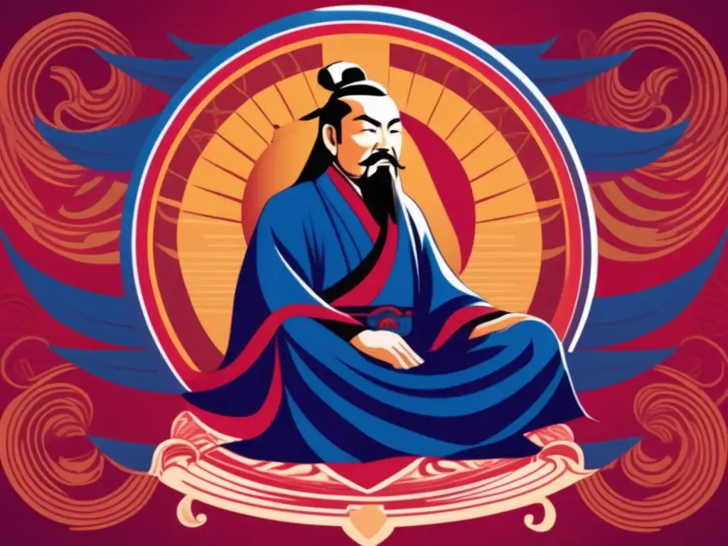 Un retrato digital vibrante de Sun Tzu rodeado de patrones complejos, capturando su legado en estrategias de liderazgo