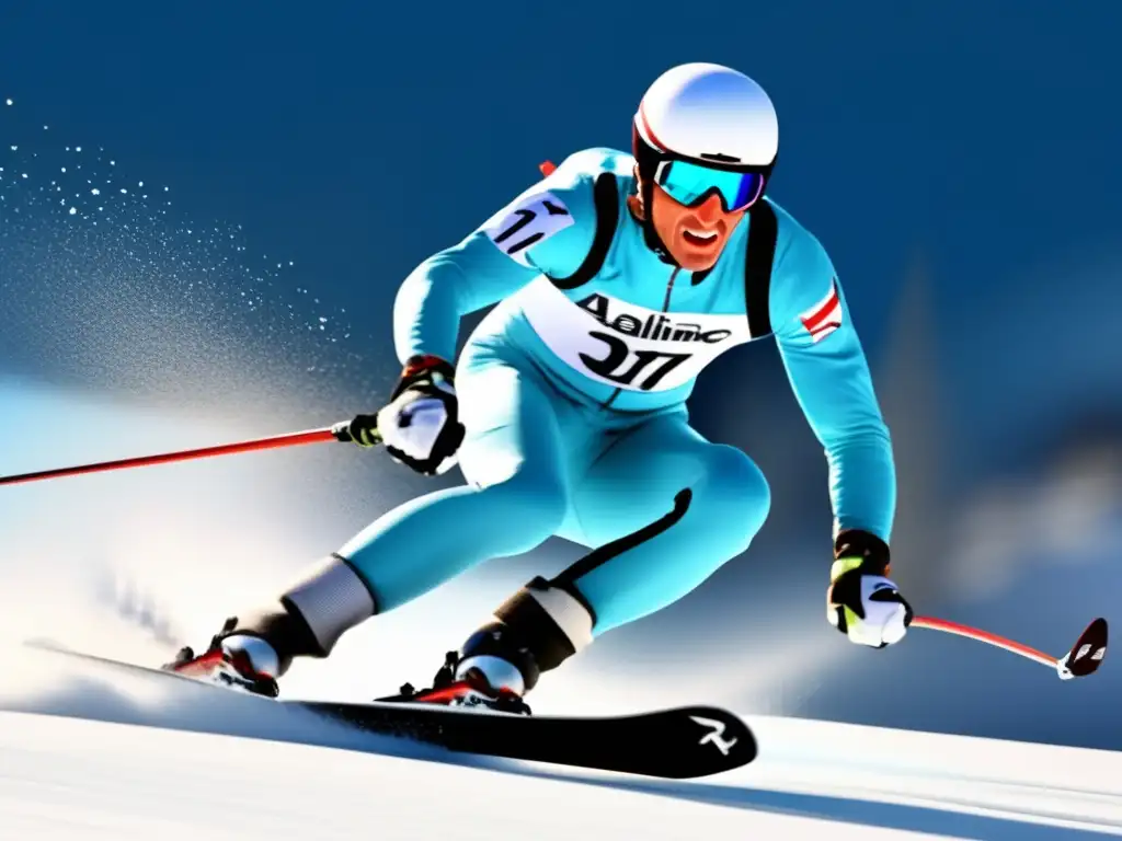 Un retrato dinámico y emocionante de Jean-Claude Killy esquiando en una pendiente alpina, destacando su determinación y precisión