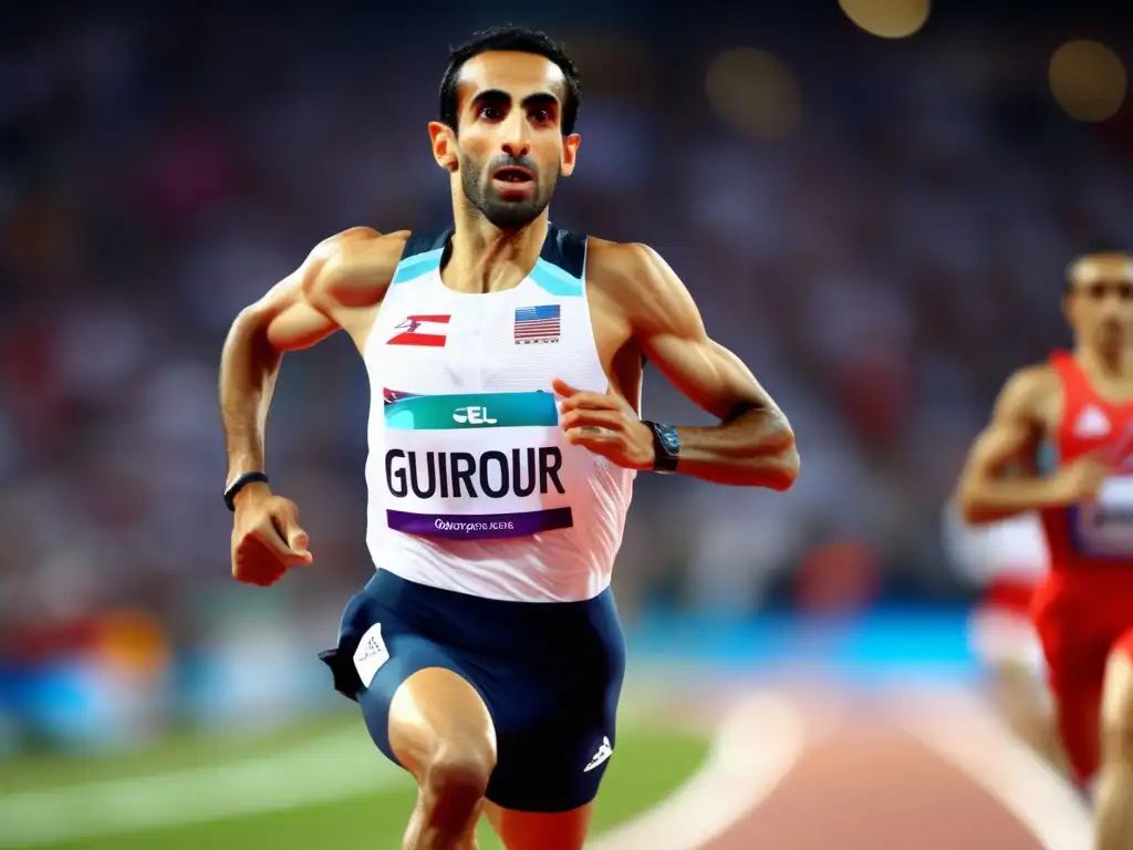 Un retrato dinámico de Hicham El Guerrouj compitiendo en los Juegos Olímpicos, mostrando intensidad y pasión