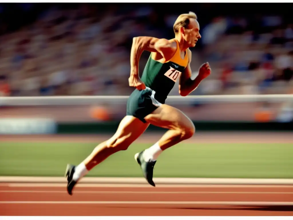 Un retrato dinámico de Emil Zátopek corriendo en una pista, mostrando su determinación en el atletismo