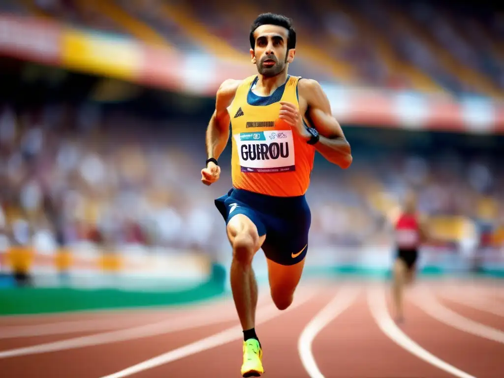 Un retrato dinámico de Hicham El Guerrouj corriendo en una pista, transmitiendo velocidad, poder y determinación