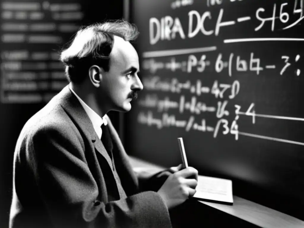 Un retrato de Paul Dirac concentrado en un pizarrón, escribiendo ecuaciones relacionadas con la estadística cuántica