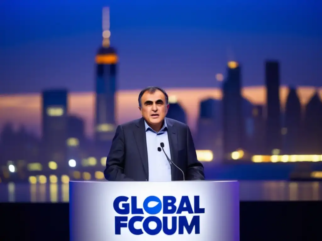 Un retrato de alta resolución de Nouriel Roubini pronunciando un discurso principal en un foro económico global