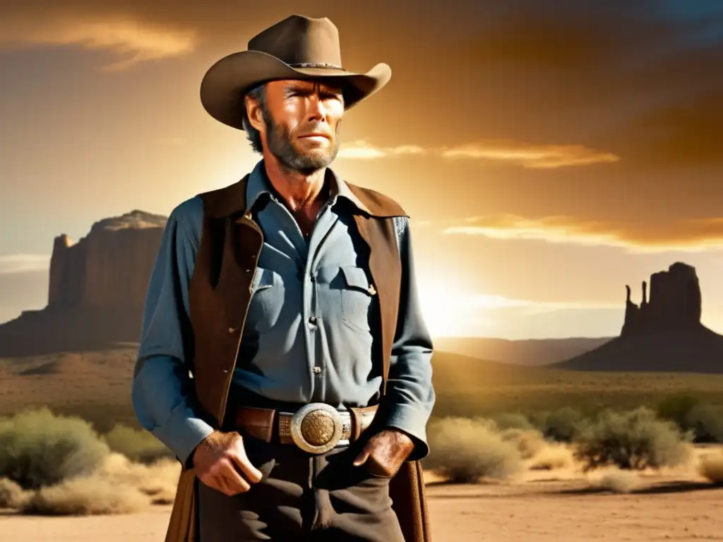 Un retrato dramático de Clint Eastwood en el set de una de sus icónicas películas del oeste, exudando determinación y coraje