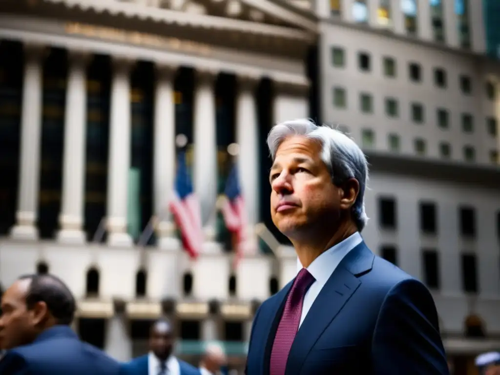 Un retrato de Jamie Dimon en Wall Street, mostrando su dualidad como figura financiera y símbolo controversial de la crisis económica