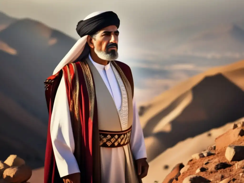Un retrato de alta resolución del Emir Abd alQadir en el terreno agreste de Argelia, con ropa tradicional y mirada decidida