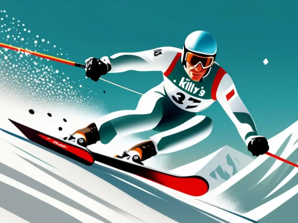 Un retrato de Jean-Claude Killy esquiando con precisión y emoción en una pendiente empinada y nevada