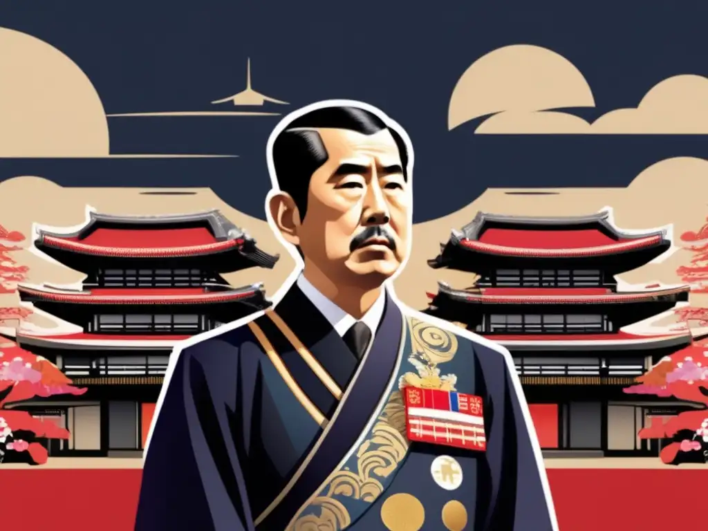 Un retrato de alta resolución del Emperador Hirohito de Japón en atuendo imperial, rodeado de símbolos históricos y contemporáneos de Japón