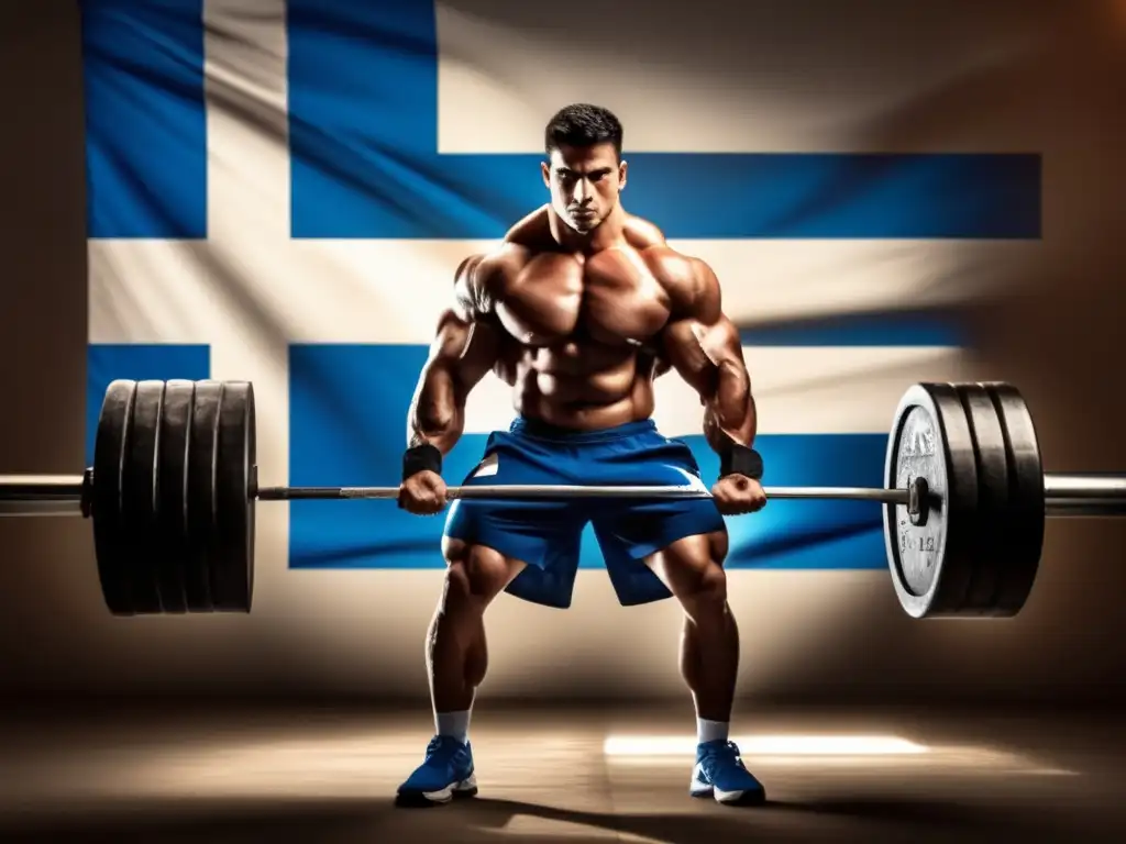 Un retrato enérgico de Pyrros Dimas levantando una pesada barra de halterofilia, con la bandera griega de fondo