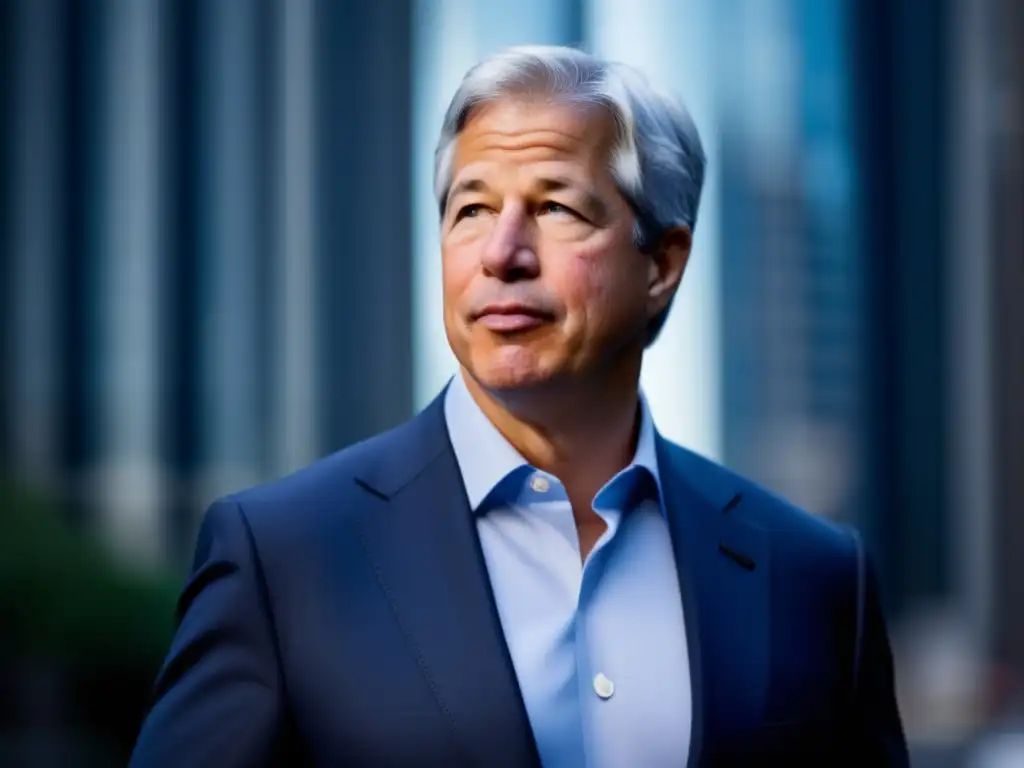 Un retrato enigmático de Jamie Dimon, CEO de JPMorgan Chase, en un traje elegante, frente a un bullicioso distrito financiero