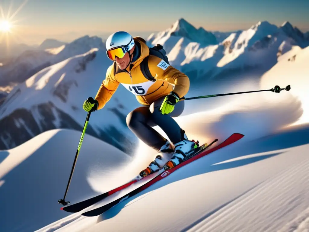 Un retrato épico de Dominio esquí JeanClaude Killy esquiando con gracia en una ladera nevada, con picos nevados y aire fresco de montaña