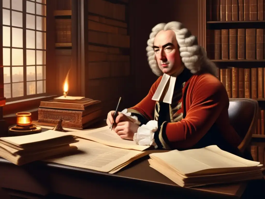 Un retrato de alta resolución de Jonathan Swift en su escritorio, inmerso en la creación de sus obras satíricas y críticas