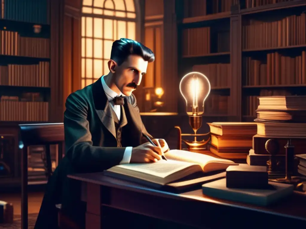 Un retrato de alta resolución de Nikola Tesla en su escritorio, inmerso en profundos pensamientos mientras diseña sus revolucionarias invenciones