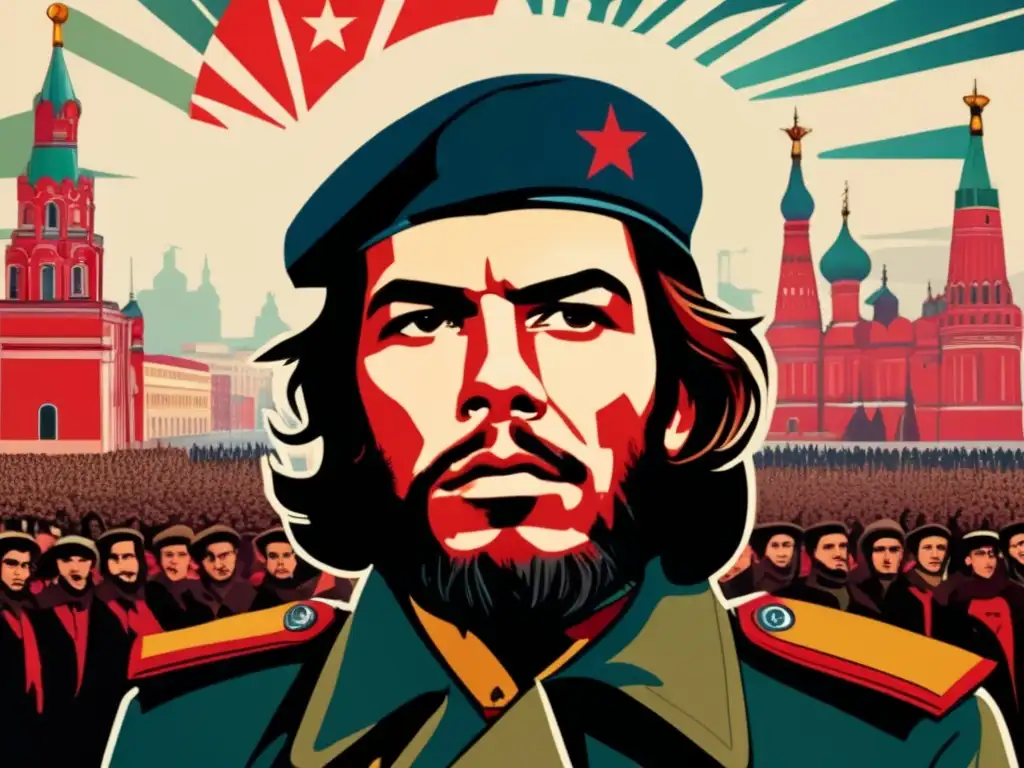 Un retrato de alta resolución y estilo moderno de Che Guevara en Rusia, con una expresión decidida, vistiendo su icónica boina y uniforme militar