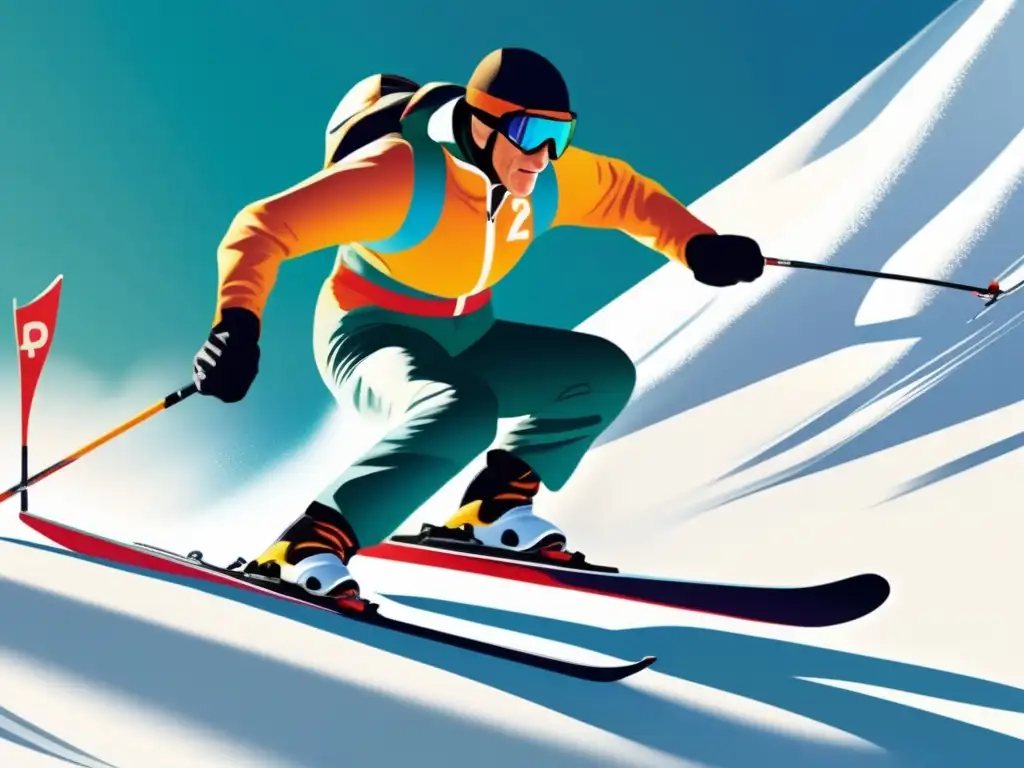 Un retrato de alta resolución y estilo moderno de Jean-Claude Killy esquiando con gracia por una empinada pendiente alpina cubierta de nieve, con la luz del sol proyectando largas sombras dramáticas