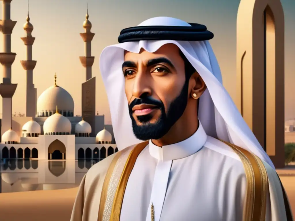 Un retrato de alta resolución y estilo moderno de Sheikh Zayed bin Sultan Al Nahyan, vestido con atuendo tradicional emiratí