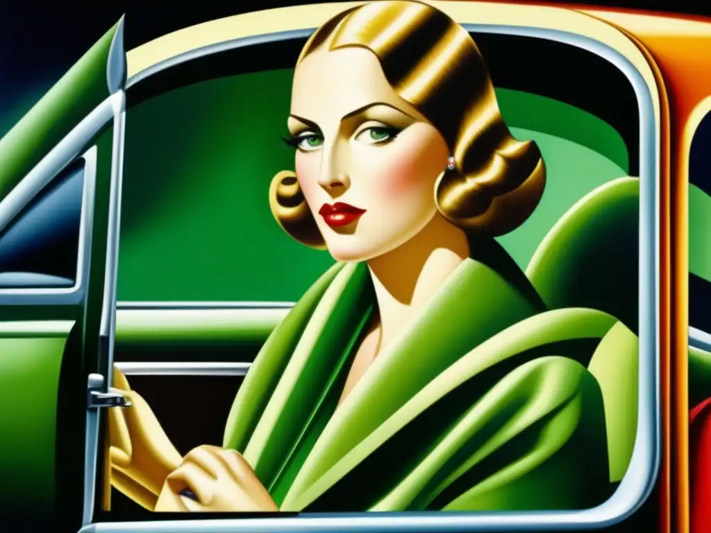 Un retrato exquisito de Tamara de Lempicka en su famoso automóvil Bugatti verde, reflejando el glamouroso estilo Art Déco y la moderna feminidad